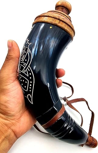 Hand Engraved Gun Powder Horn - 12 to 14 Inches Civil War Re-Enactment Dragon Design with Leather Strap - Image 3