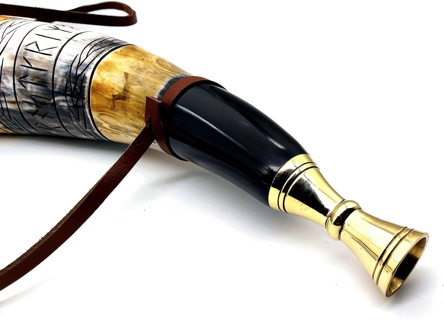 Viking War Horn – Hand-Engraved Genuine Ox-Horn Battle Trumpet with Brass & Wooden Stand, 16" Viking Bugle Horn - Image 3
