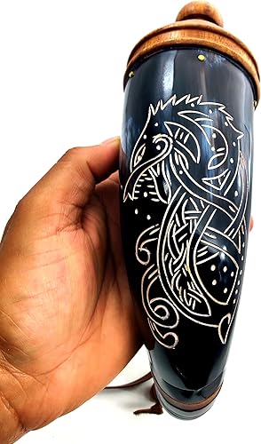 Hand Engraved Gun Powder Horn - 12 to 14 Inches Civil War Re-Enactment Dragon Design with Leather Strap - Image 2