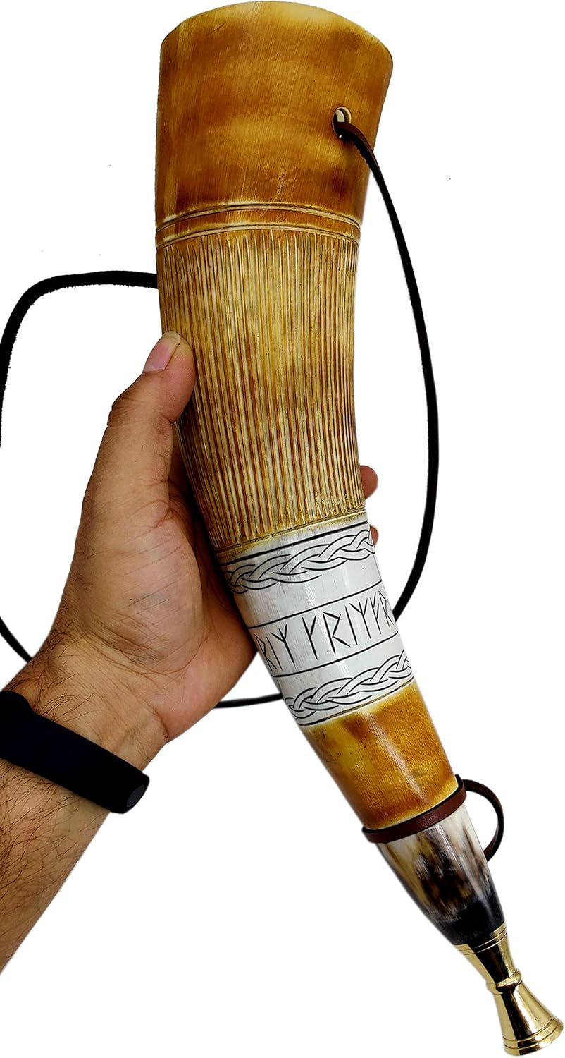 Viking War Horn – Hand-Engraved Genuine Ox-Horn Battle Trumpet with Brass & Wooden Stand, 16" Viking Bugle Horn - Image 4