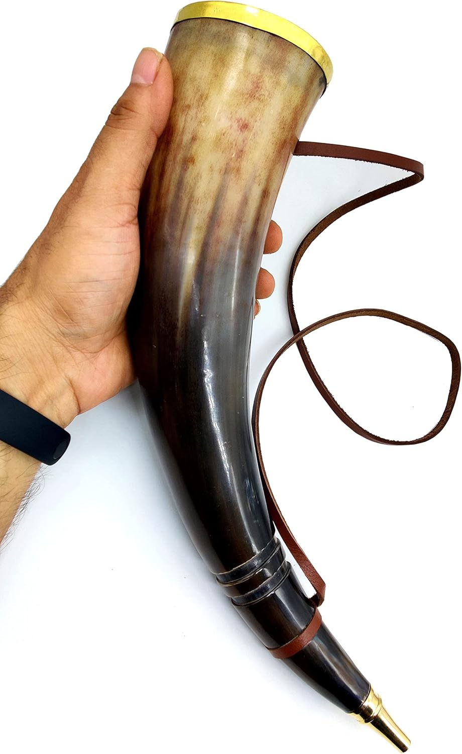 Viking Blowing Ox-Horn Battle Trumpet with Brass Ring – Medieval Buffalo Sounding Horn Bugle for Hunting & Reenactments - Image 2