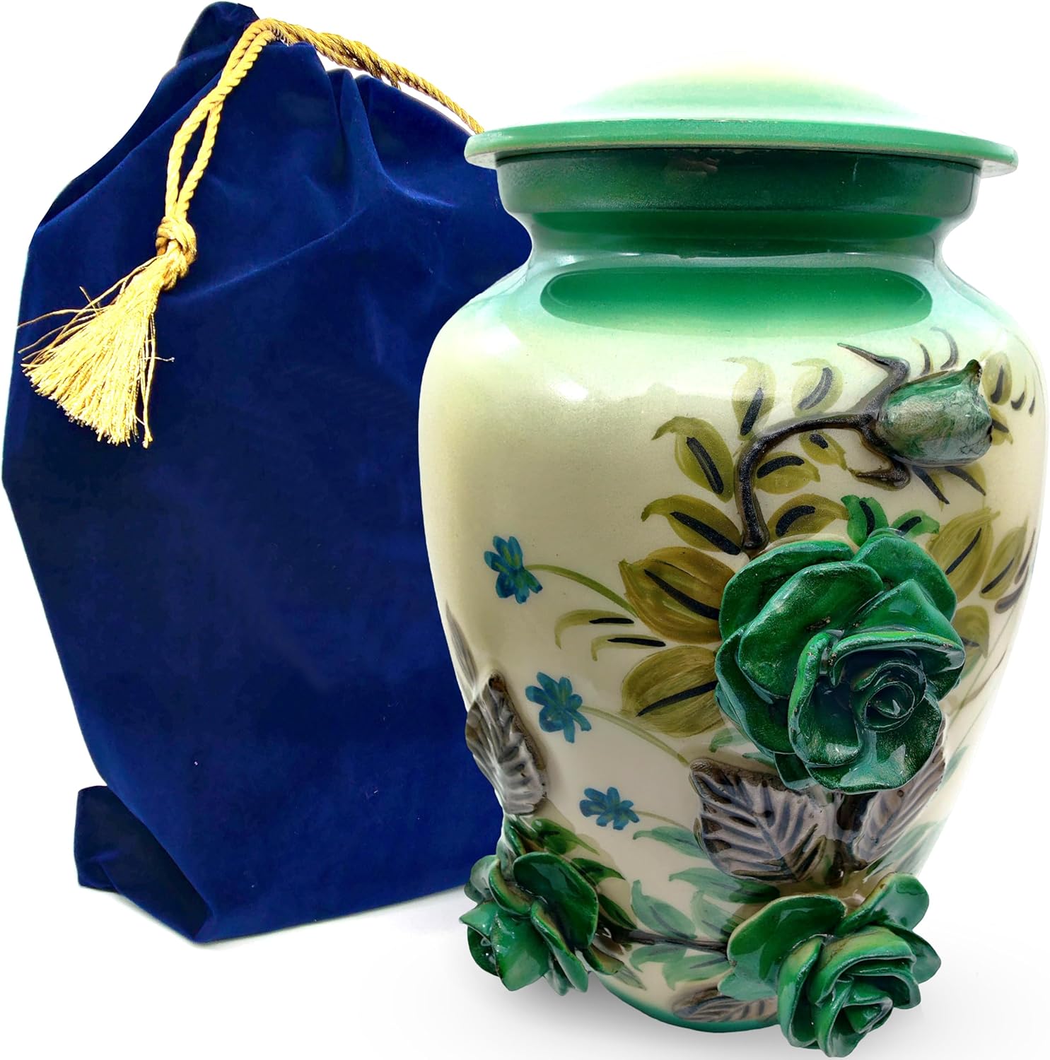 3D Flowers Memorial Urn - Hand-Crafted Full-Size Urn for Adult Cremation Ashes, Sea Green Color