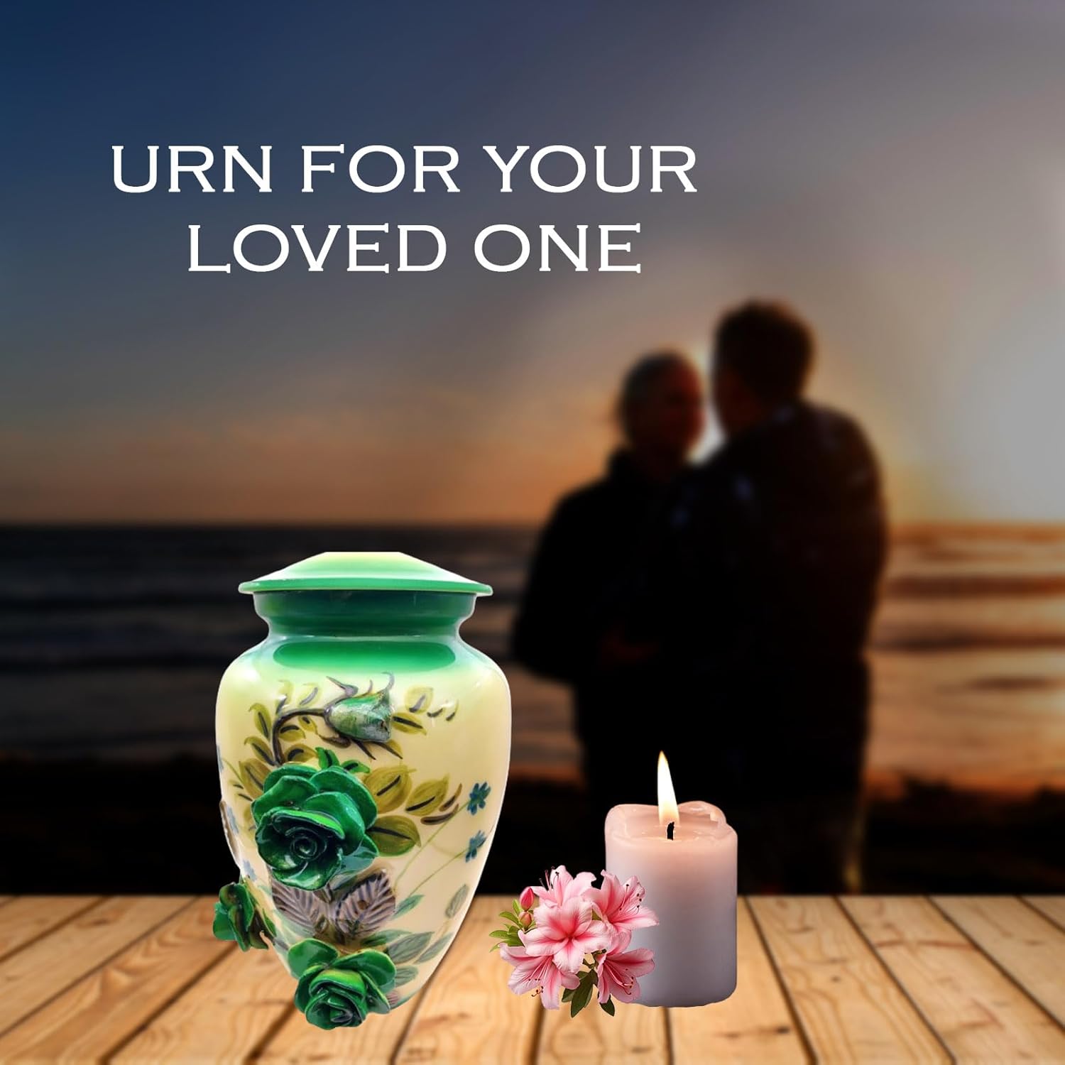 3D Flowers Memorial Urn - Hand-Crafted Full-Size Urn for Adult Cremation Ashes, Sea Green Color - Image 3