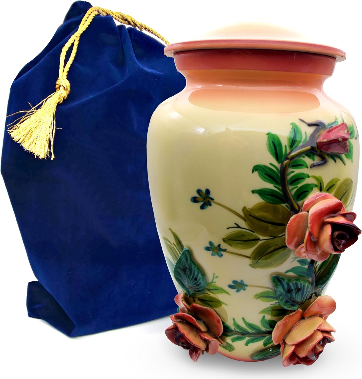 Handcrafted Metal Cremation Urn with Rose Decor - Keepsake Urn for Human Ashes, Decorative Funeral Floral Urn for Home