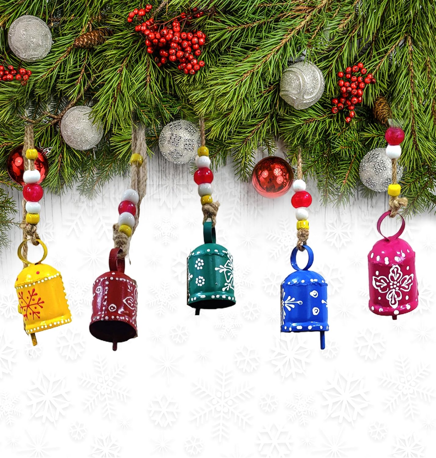 Handmade Rustic Harmony Cow Bells – Multicolor Hanging Décor Bells on Rope, Lucky Christmas Hanging Décor ( Set of 5 ) - Image 2