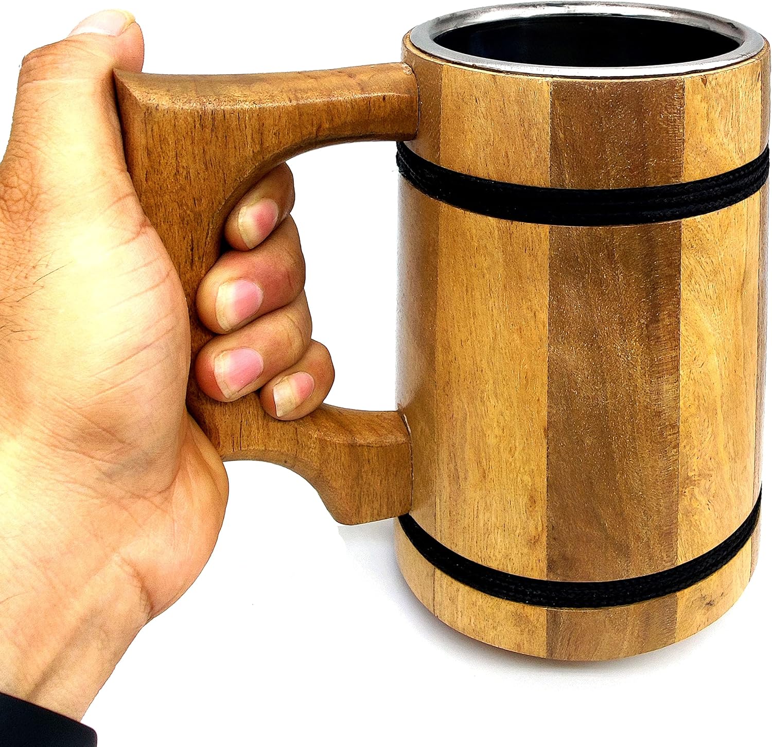 Handmade Wooden Beer Mug with Stainless Steel Interior – 16 Oz D&D Tankard, Eco-Friendly Vintage Bar Accessory - Image 3