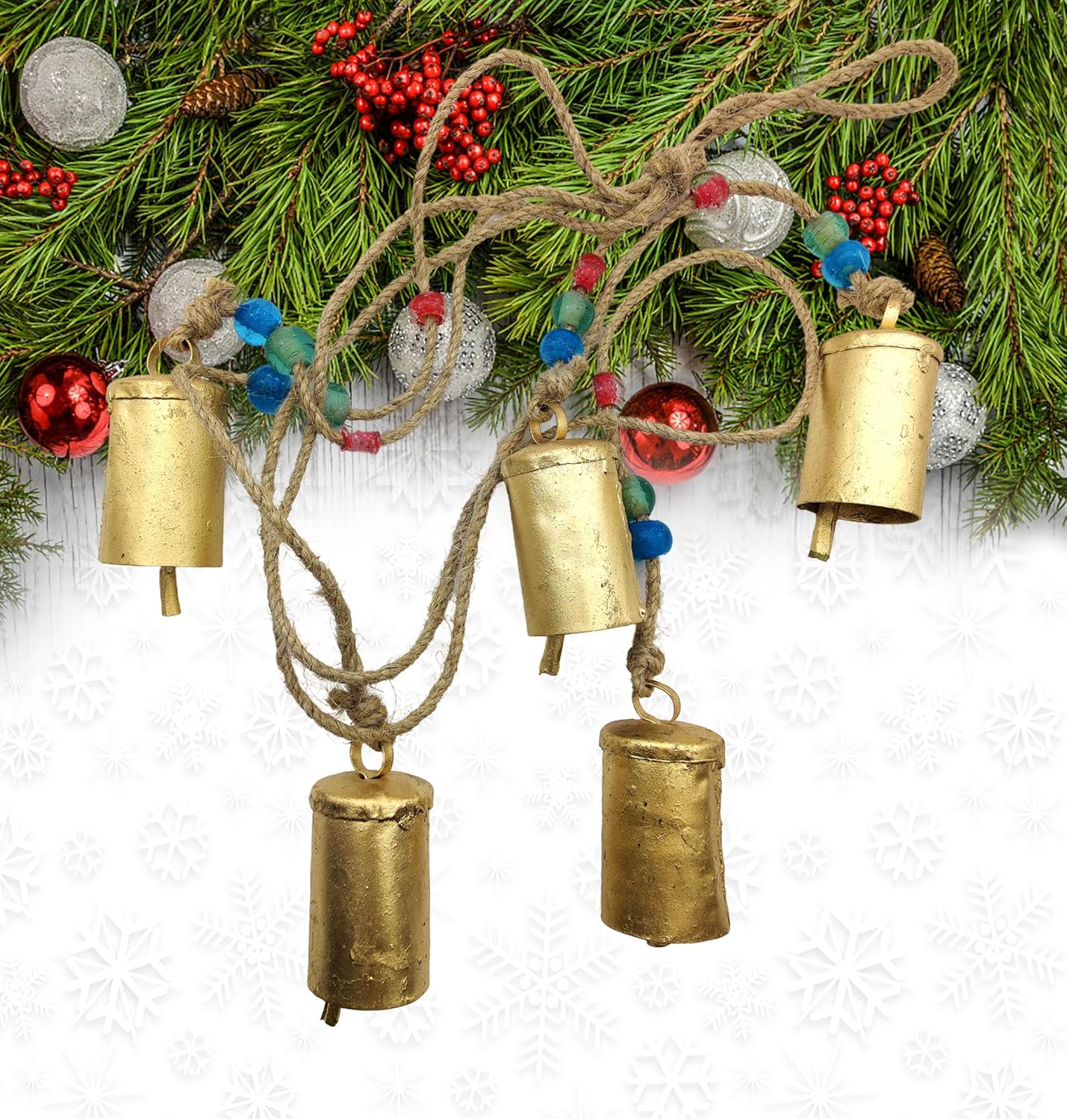 Rustic Style 5 Bells Cluster – Handmade Metal Harmony Christmas Hanging Cow Bells on Jute Rope - Image 2