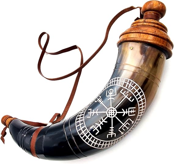 Gun Powder Horn with Viking Compass Engraving - 12 to 14 Inches, Leather Strap for Civil War Re-Enactment