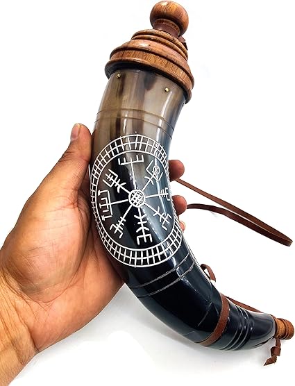 Gun Powder Horn with Viking Compass Engraving - 12 to 14 Inches, Leather Strap for Civil War Re-Enactment - Image 4
