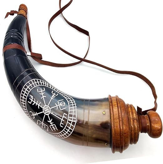 Gun Powder Horn with Viking Compass Engraving - 12 to 14 Inches, Leather Strap for Civil War Re-Enactment - Image 2