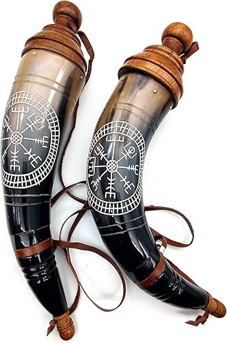 Gun Powder Horn with Viking Compass Engraving - 12 to 14 Inches, Leather Strap for Civil War Re-Enactment - Image 5