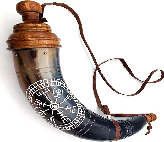 Gun Powder Horn with Viking Compass Engraving - 12 to 14 Inches, Leather Strap for Civil War Re-Enactment - Image 3