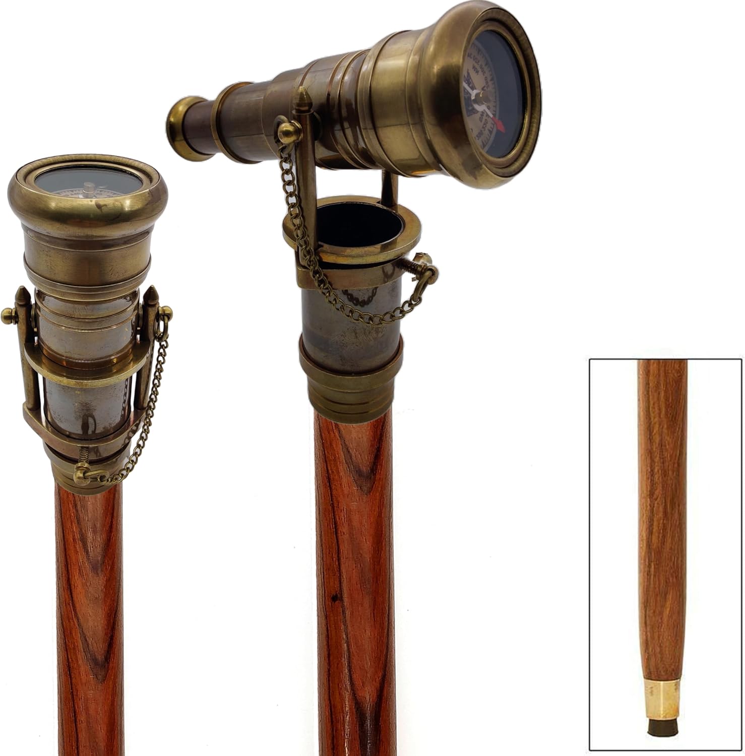 Brass Walking Stick with Vintage Victorian Telescope Head – Foldable Wooden Cane for Men & Women, Steampunk Accessories