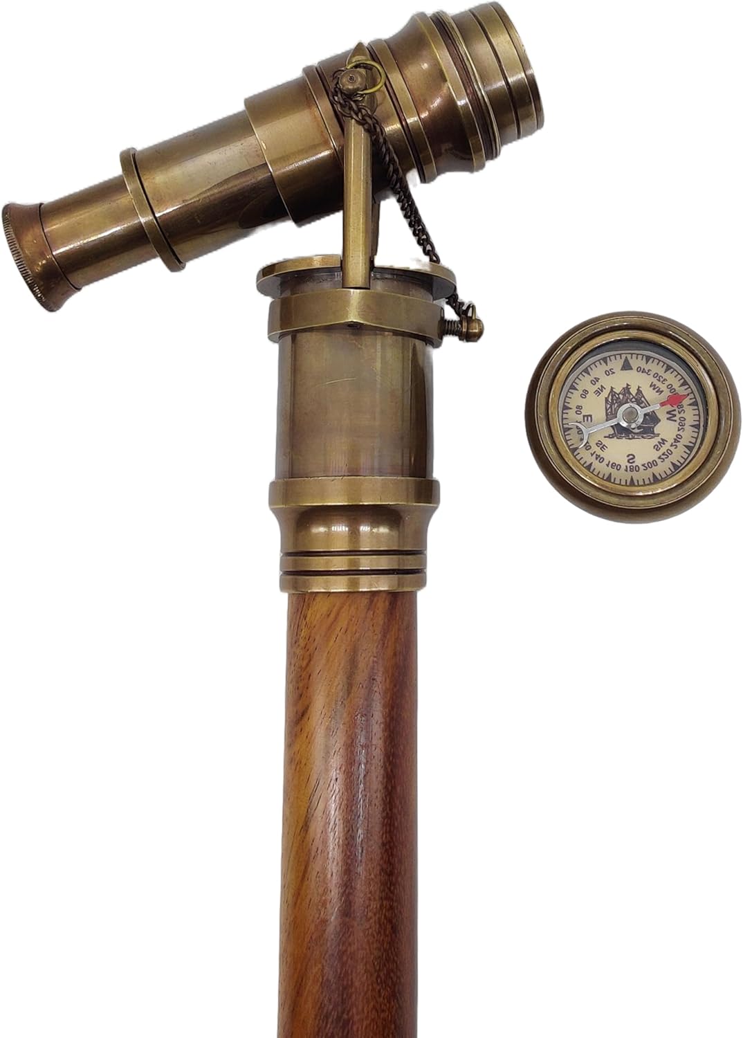 Brass Walking Stick with Vintage Victorian Telescope Head – Foldable Wooden Cane for Men & Women, Steampunk Accessories - Image 4