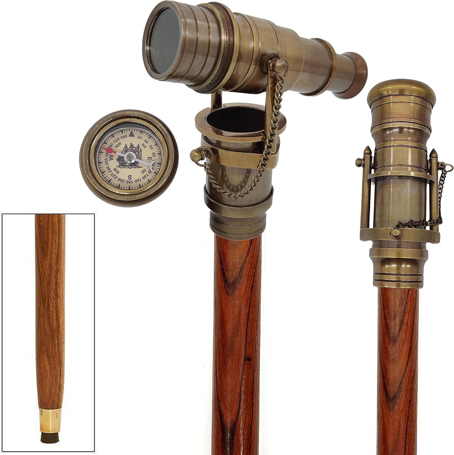Brass Walking Stick with Vintage Victorian Telescope Head – Foldable Wooden Cane for Men & Women, Steampunk Accessories - Image 5
