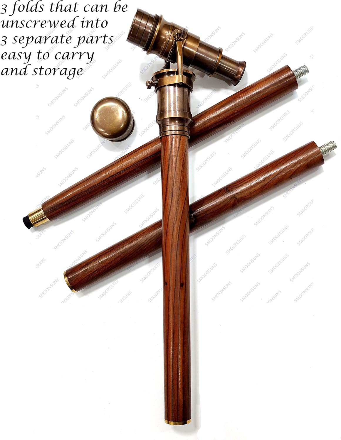 Brass Walking Stick with Vintage Victorian Telescope Head – Foldable Wooden Cane for Men & Women, Steampunk Accessories - Image 3