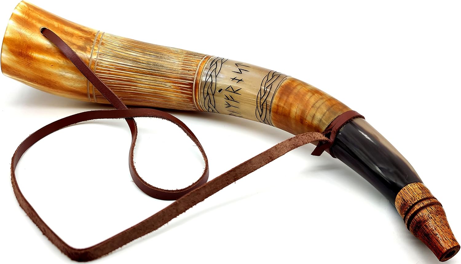 Viking Blowing Cow Horn Whistle – Medieval Buffalo Sounding Horn with Wooden Stand, Norse Cattle Bugle for Hunting & Reenactments - Image 2