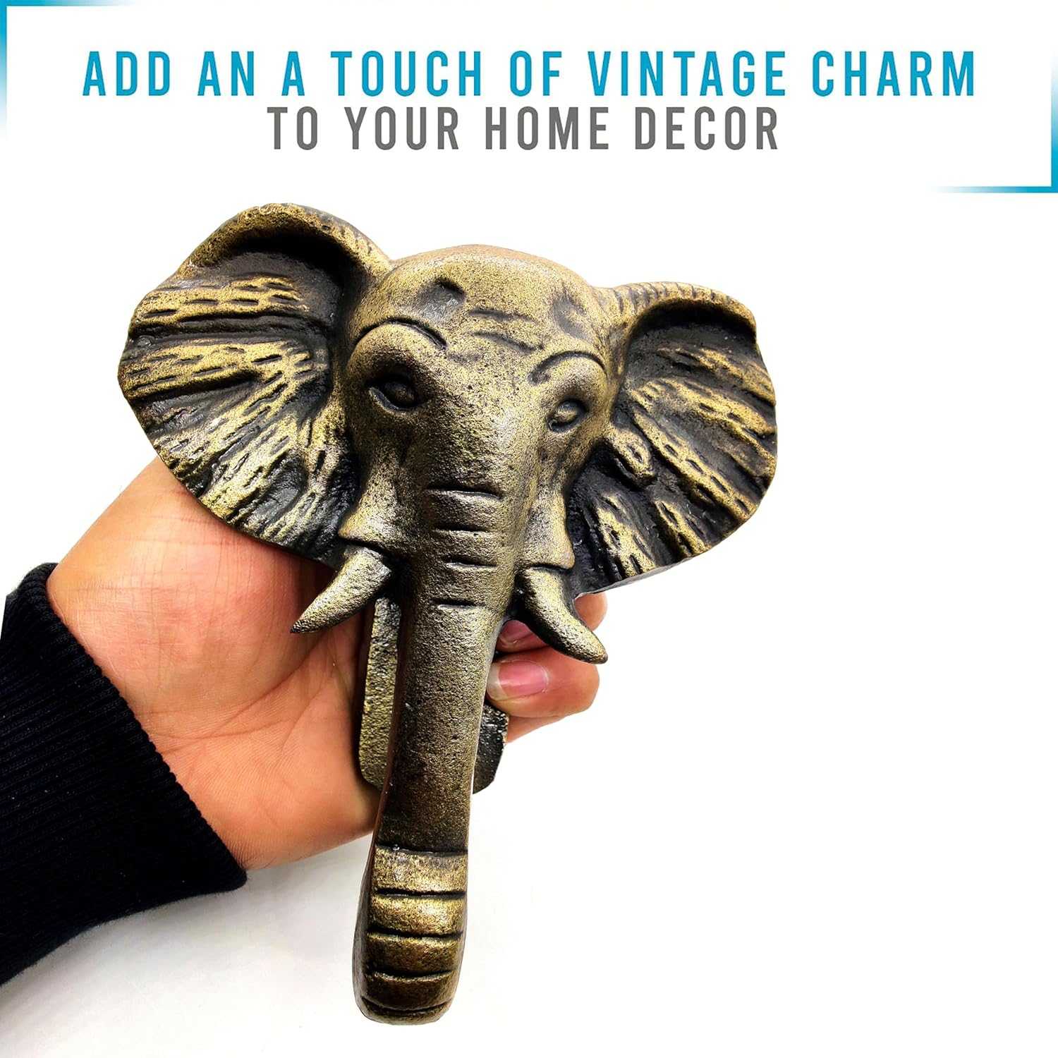 Elephant Door Knocker - Antique Finish Solid Cast Iron Decorative Hardware for Front Door with Strike Plate - Image 5