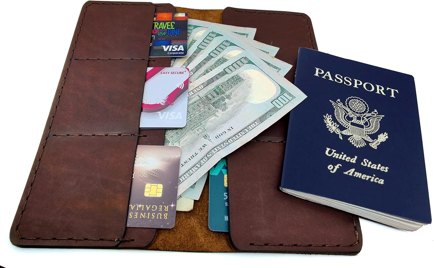 Full Grain Leather Passport Holder & Travel Wallet – 8.5" Brown Cover, Holds Field Notes & Credit Cards - Image 4
