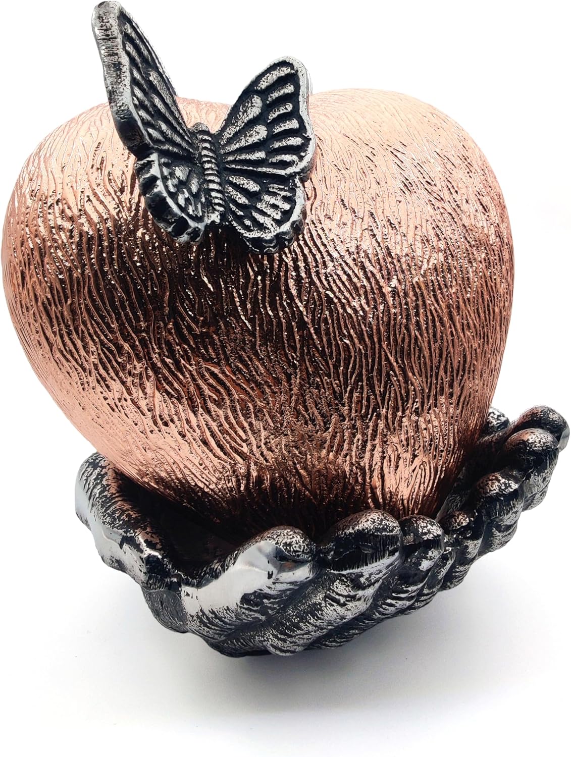 Copper Finish Heart Keepsake Urn – Large Heart Cremation Urn with Hand-Shaped Stand and Butterfly Design - Image 3