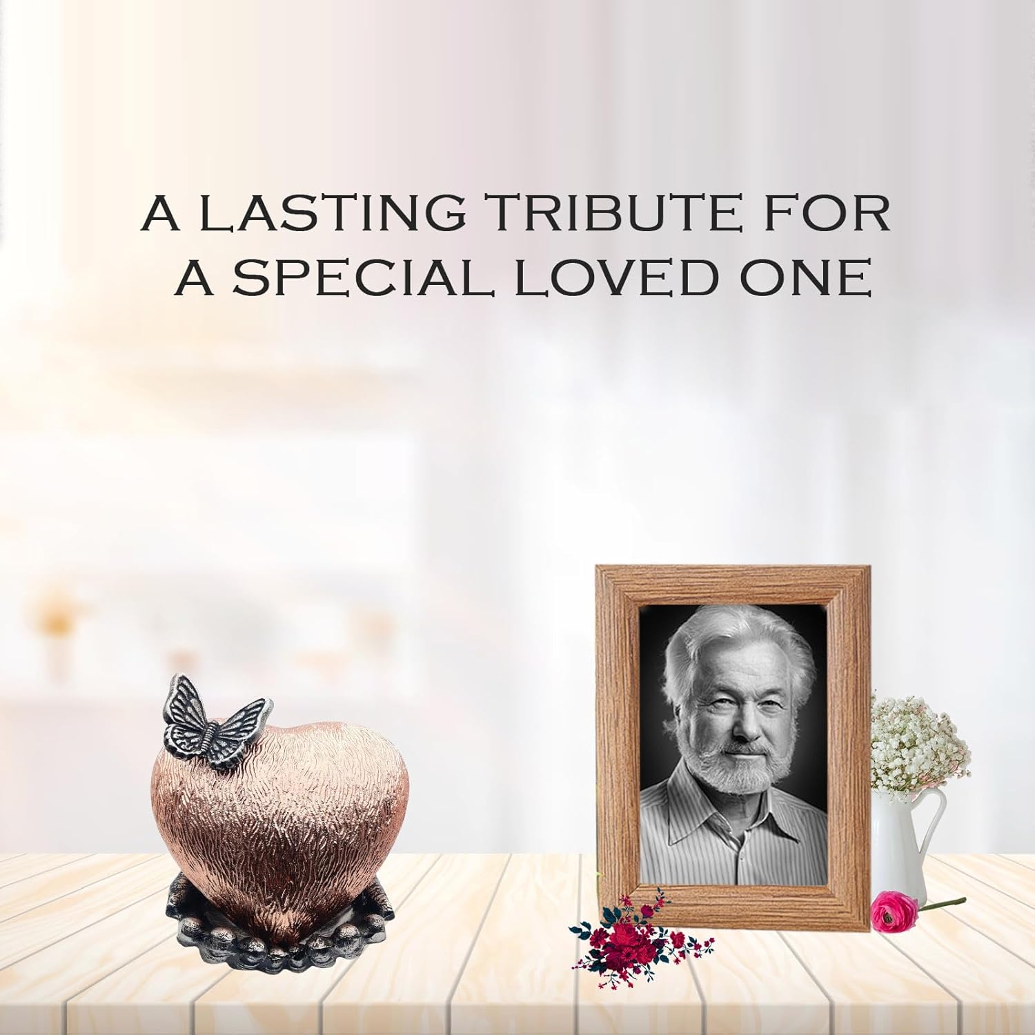 Copper Finish Heart Keepsake Urn – Large Heart Cremation Urn with Hand-Shaped Stand and Butterfly Design - Image 5