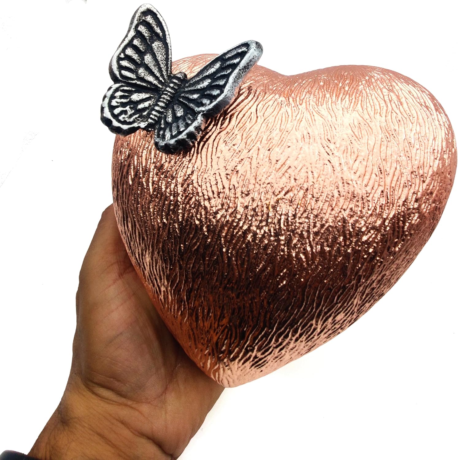 Copper Finish Heart Keepsake Urn – Large Heart Cremation Urn with Hand-Shaped Stand and Butterfly Design - Image 2