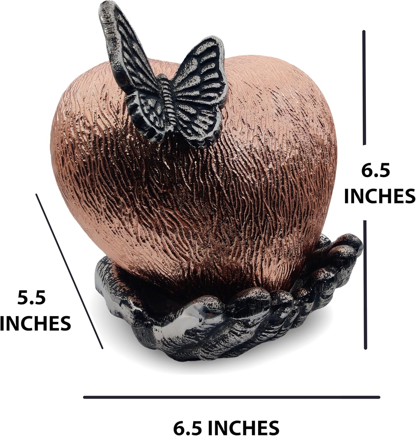 Copper Finish Heart Keepsake Urn – Large Heart Cremation Urn with Hand-Shaped Stand and Butterfly Design - Image 6