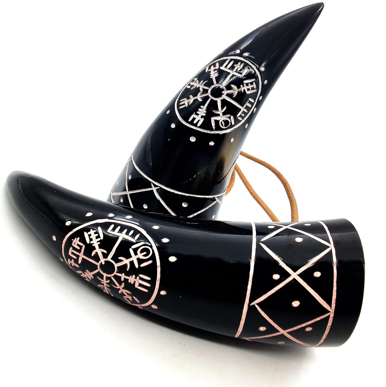 Genuine 5" Ox Horn Viking Drinking Shot Horn Set of 2 with Leather Loop for Hanging – Engraved Viking Compass Design
