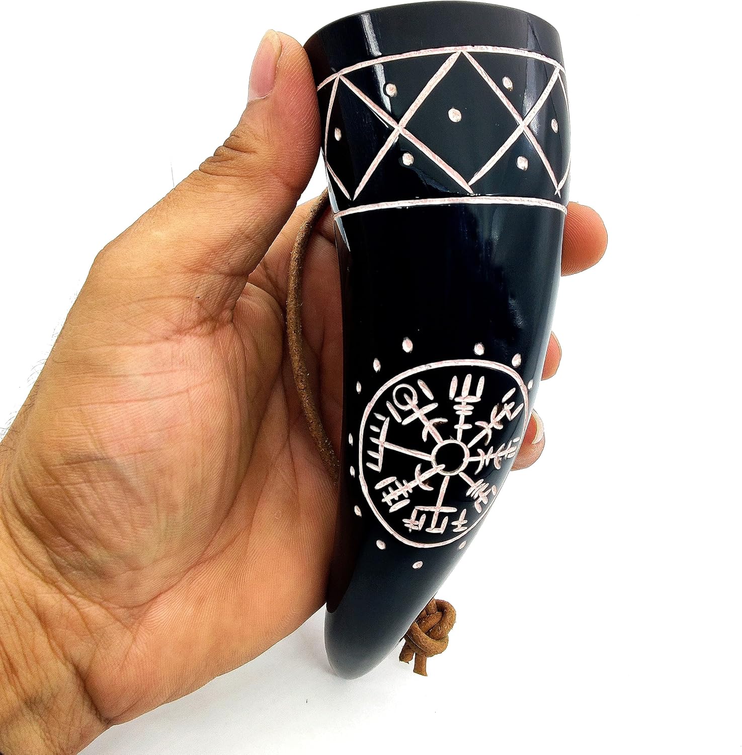 Genuine 5" Ox Horn Viking Drinking Shot Horn Set of 2 with Leather Loop for Hanging – Engraved Viking Compass Design - Image 3