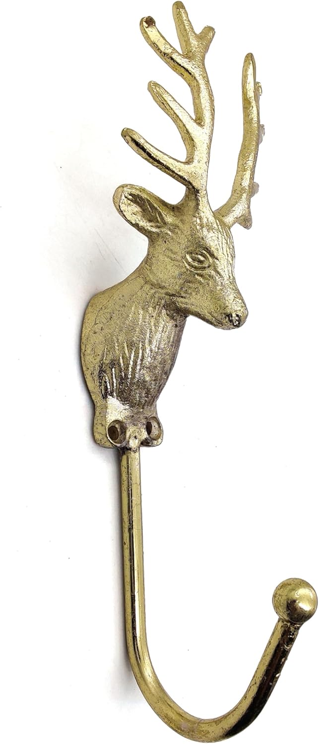 Vintage Deer Head Coat Hook - Heavy Duty Antique Brass Wall Mounted Animal Hanger, Polish Finish.