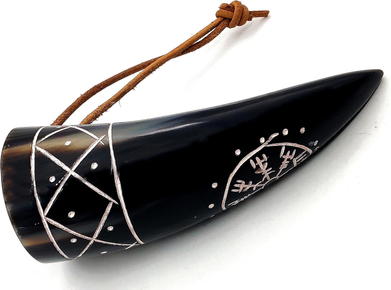 Genuine 5" Ox Horn Viking Drinking Shot Horn Set of 2 with Leather Loop for Hanging – Engraved Viking Compass Design - Image 4