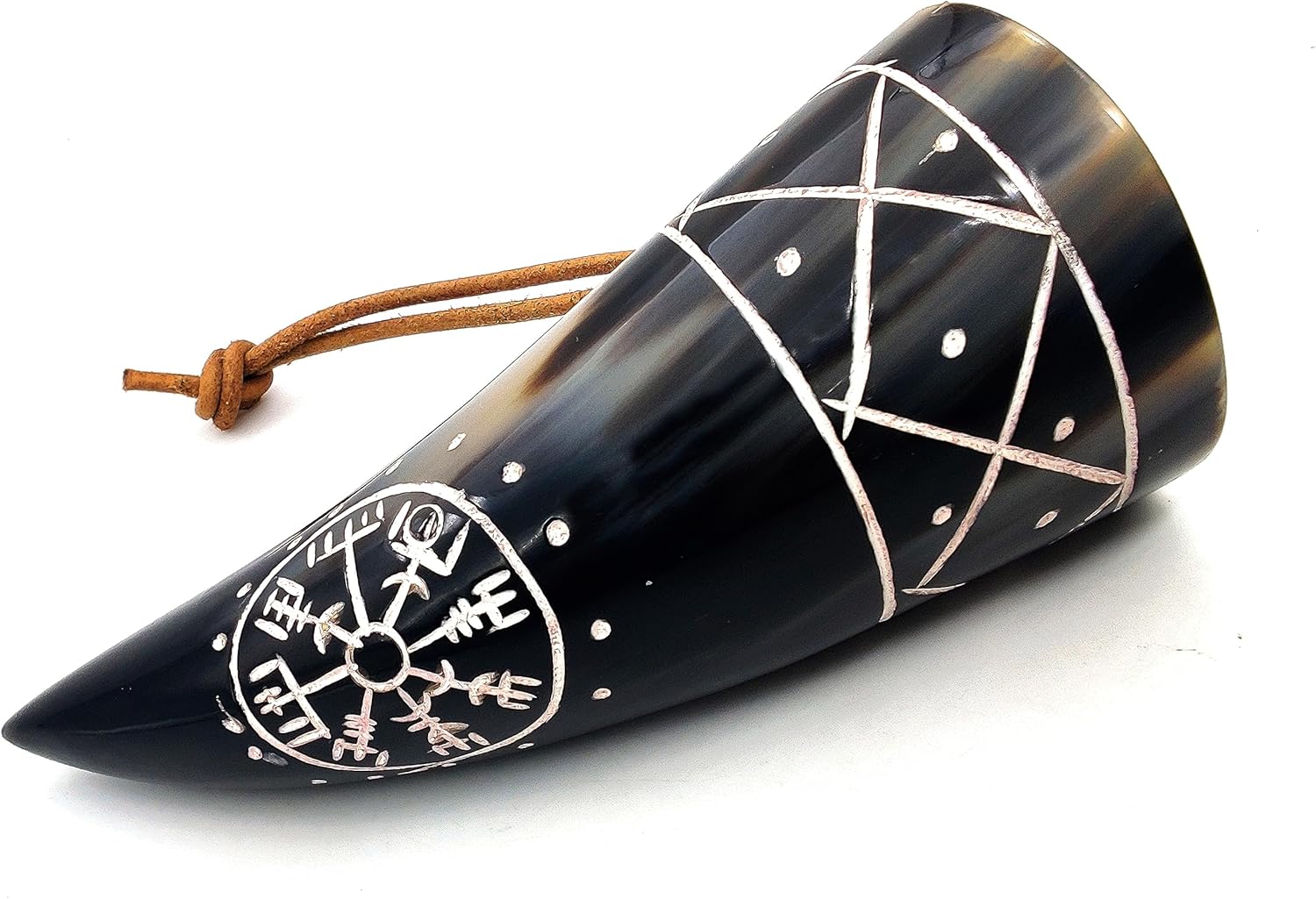 Genuine 5" Ox Horn Viking Drinking Shot Horn Set of 2 with Leather Loop for Hanging – Engraved Viking Compass Design - Image 6
