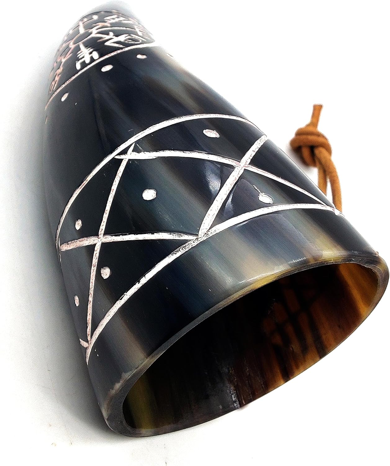 Genuine 5" Ox Horn Viking Drinking Shot Horn Set of 2 with Leather Loop for Hanging – Engraved Viking Compass Design - Image 5