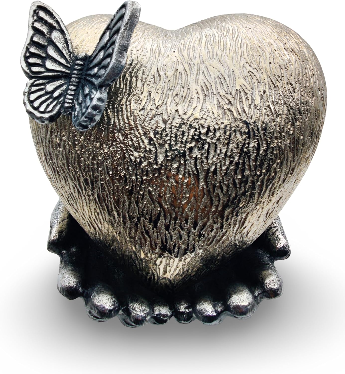 Chrome Cremation Heart Urn with Butterfly for Ashes – Memorial Keepsake with Hand-Shaped Stand for Women and Men - Image 2