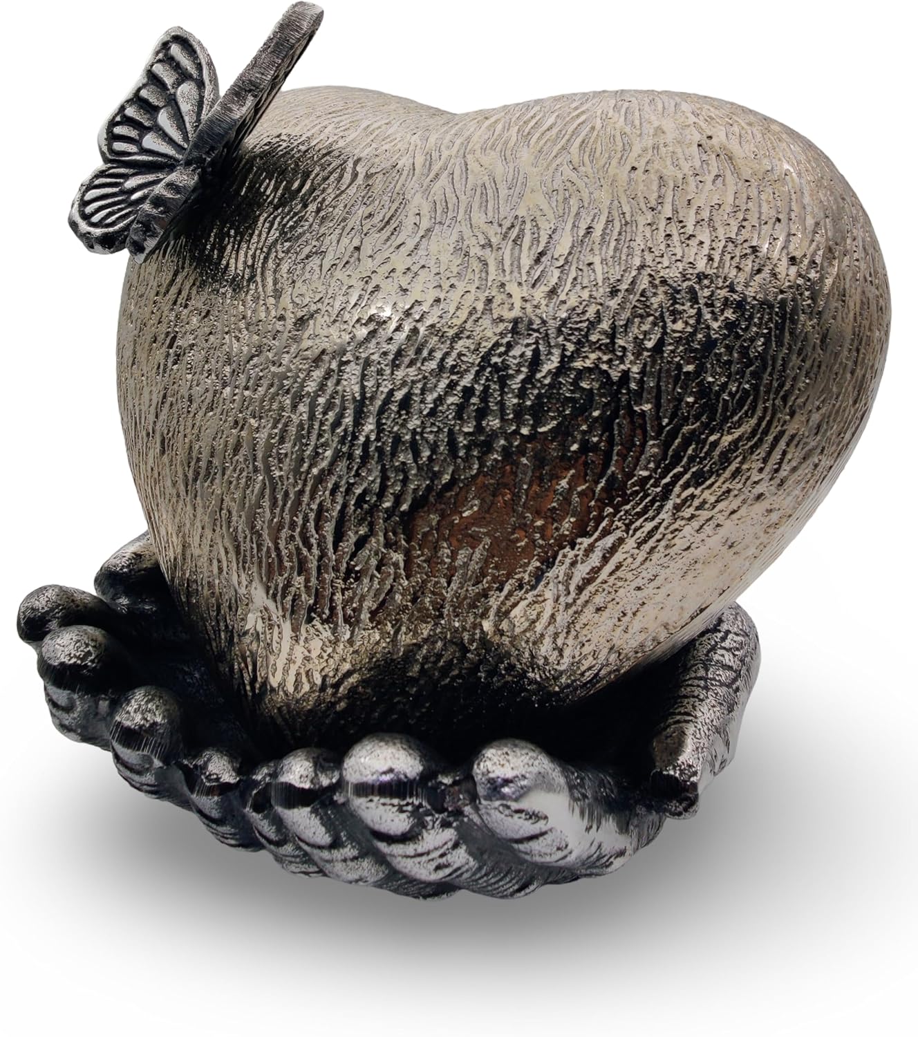 Chrome Cremation Heart Urn with Butterfly for Ashes – Memorial Keepsake with Hand-Shaped Stand for Women and Men - Image 3