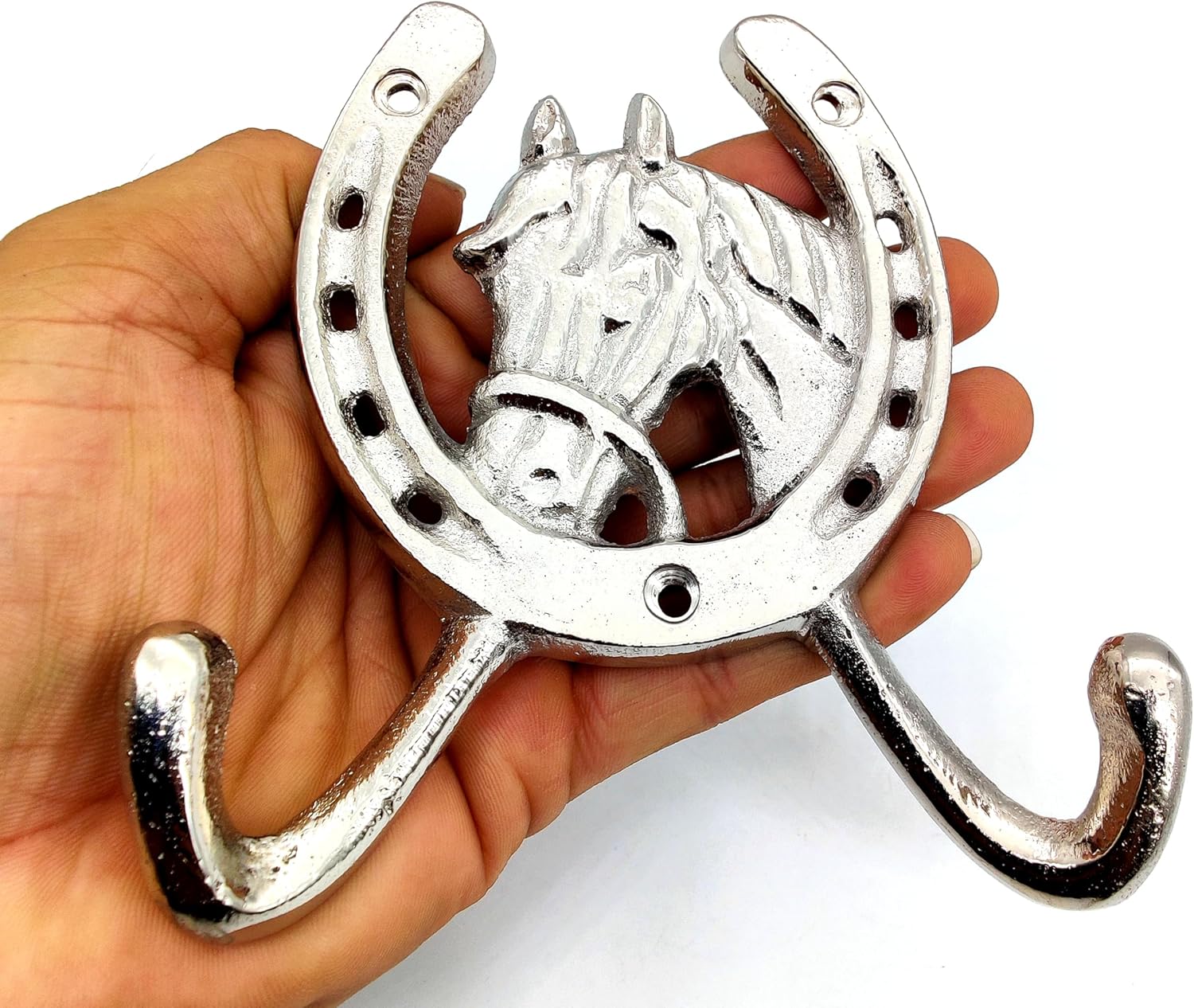 Handcrafted Horse Head Coat Hook - Rustic Wall Mounted Rack with Horseshoe, Chrome Finish for Towel & Hats - Image 3