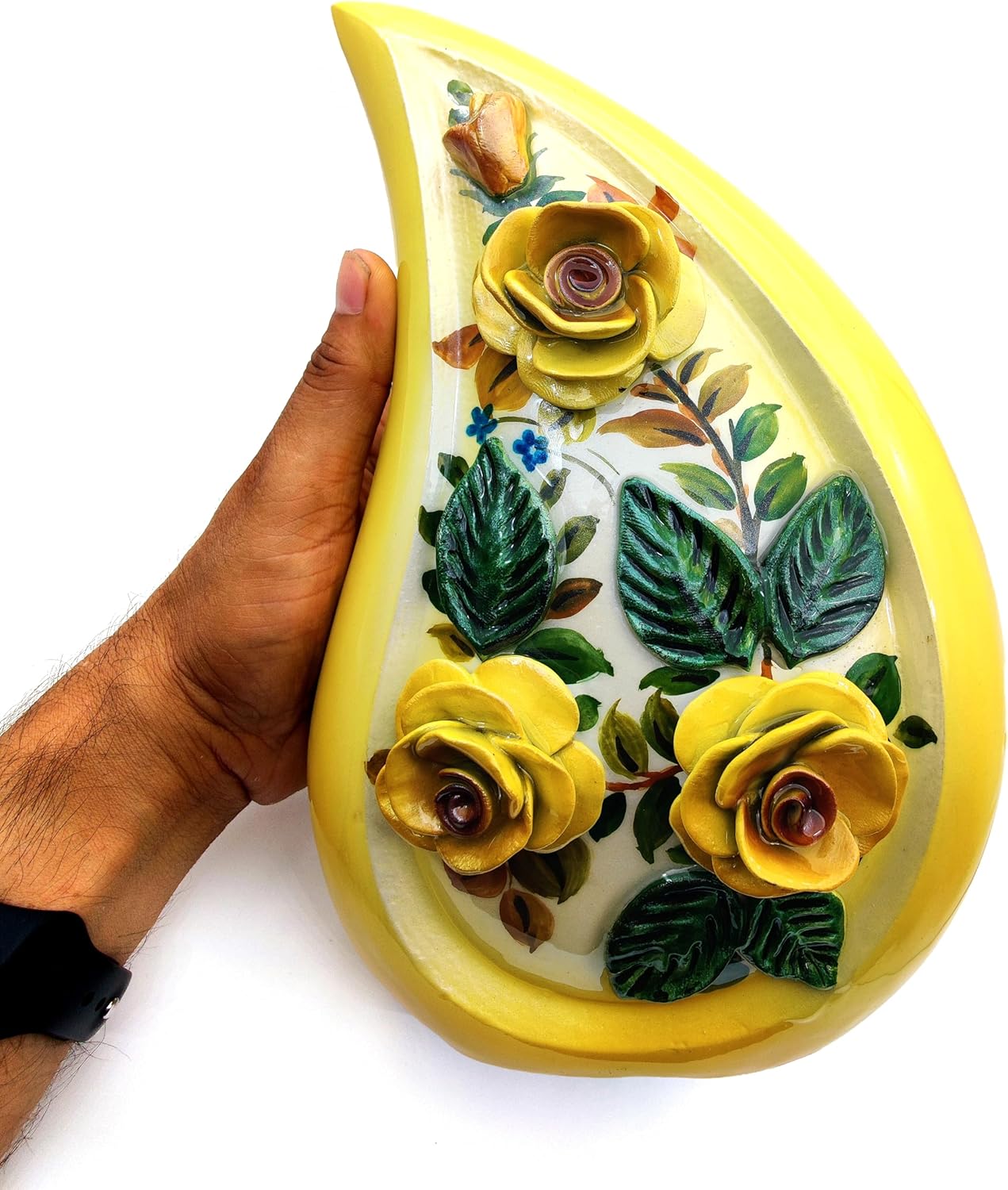 Teardrop Cremation Urn with Hand-Painted 3D Yellow Roses – 10-Inch Urn for Human Ashes with Velvet Bag - Image 4