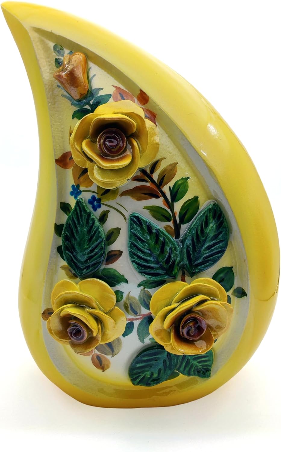 Teardrop Cremation Urn with Hand-Painted 3D Yellow Roses – 10-Inch Urn for Human Ashes with Velvet Bag - Image 3