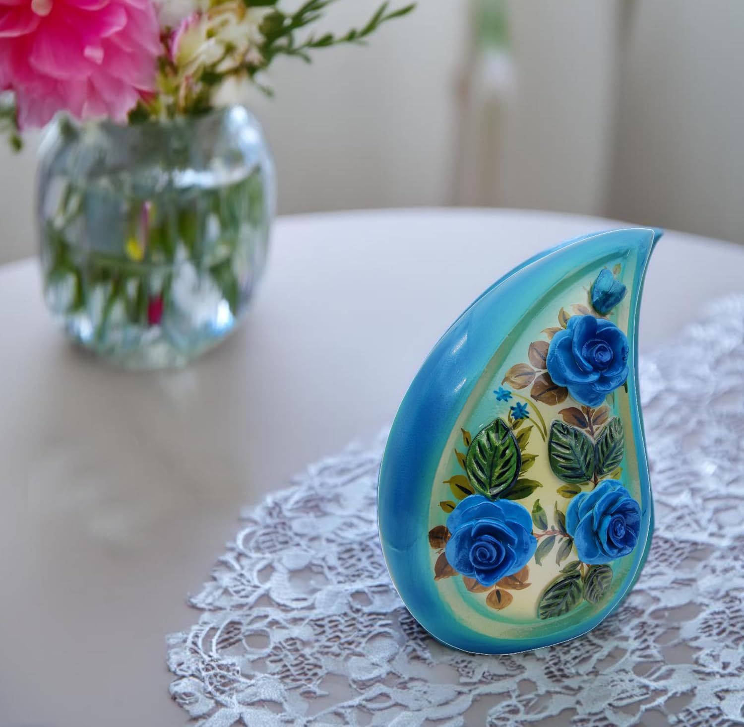 Teardrop Hand-Painted Cremation Urn with 3D Blue Roses – Large 10-Inch Funeral Urn for Human Ashes with Velvet Bag - Image 5