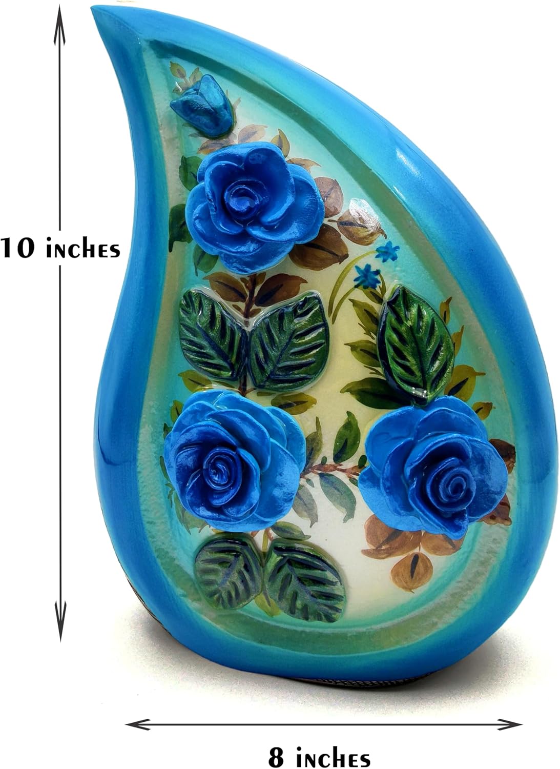 Teardrop Hand-Painted Cremation Urn with 3D Blue Roses – Large 10-Inch Funeral Urn for Human Ashes with Velvet Bag - Image 6