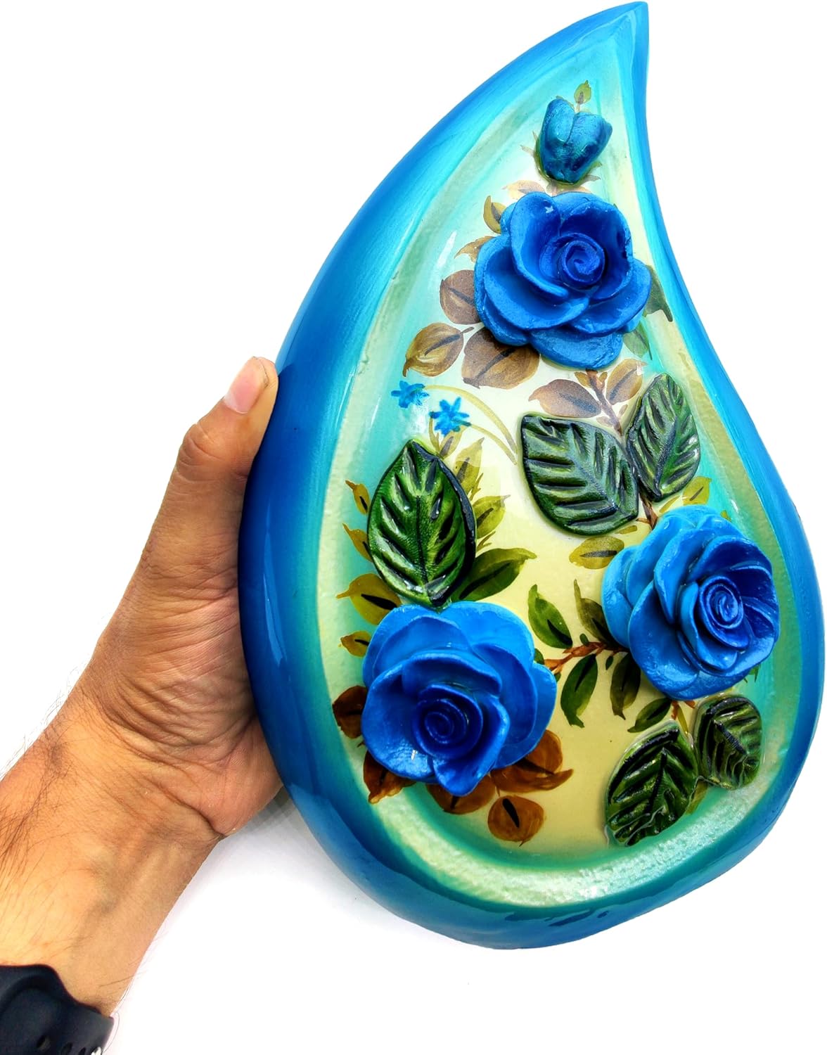 Teardrop Hand-Painted Cremation Urn with 3D Blue Roses – Large 10-Inch Funeral Urn for Human Ashes with Velvet Bag - Image 4