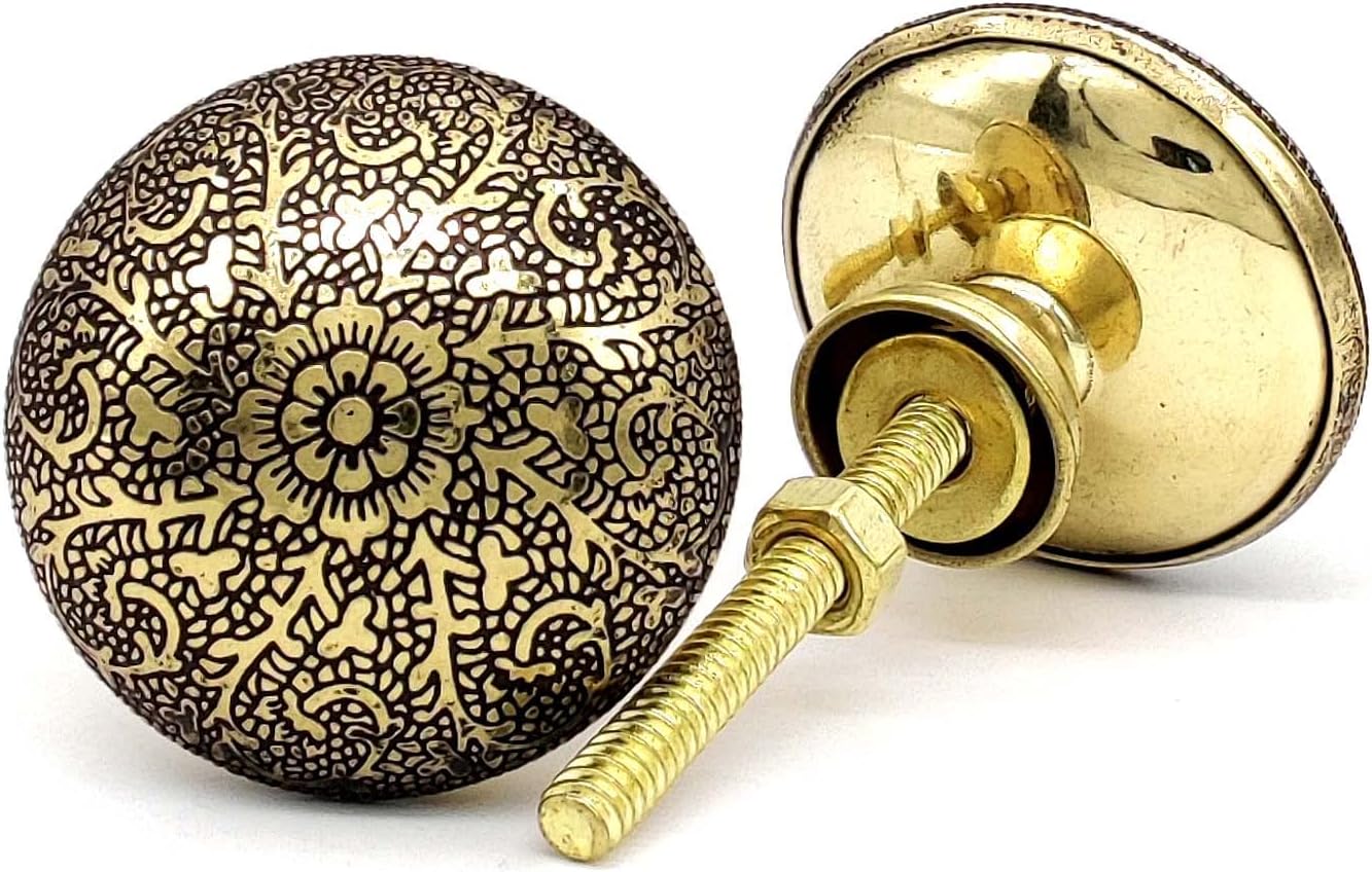 2 Pack Antique Brass Kitchen Cabinet Knobs Pulls - Vintage Round Dresser Drawer Handles with Floral Pattern