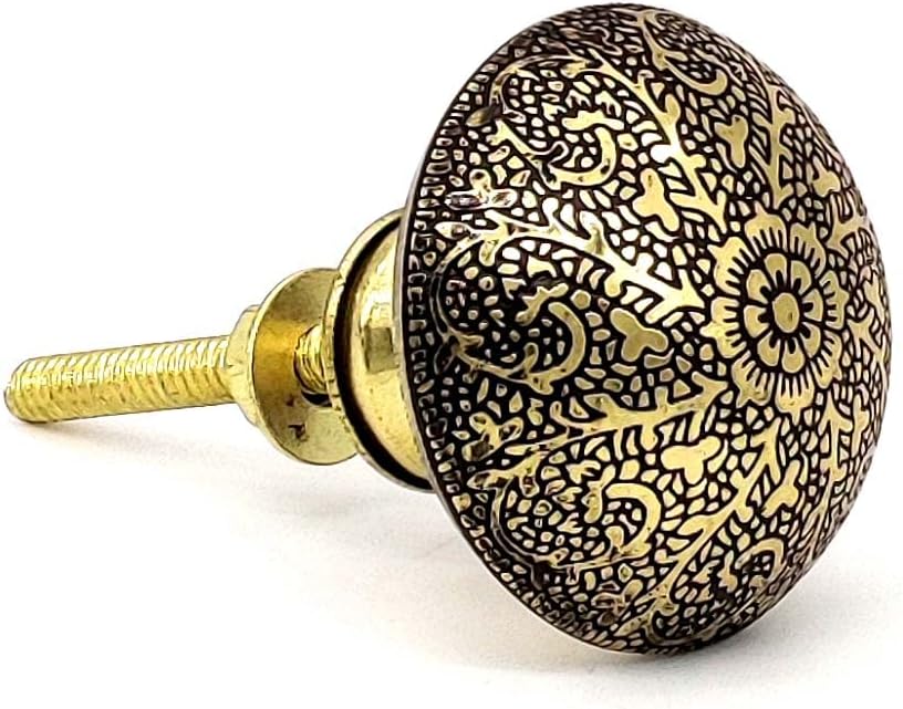 2 Pack Antique Brass Kitchen Cabinet Knobs Pulls - Vintage Round Dresser Drawer Handles with Floral Pattern - Image 2