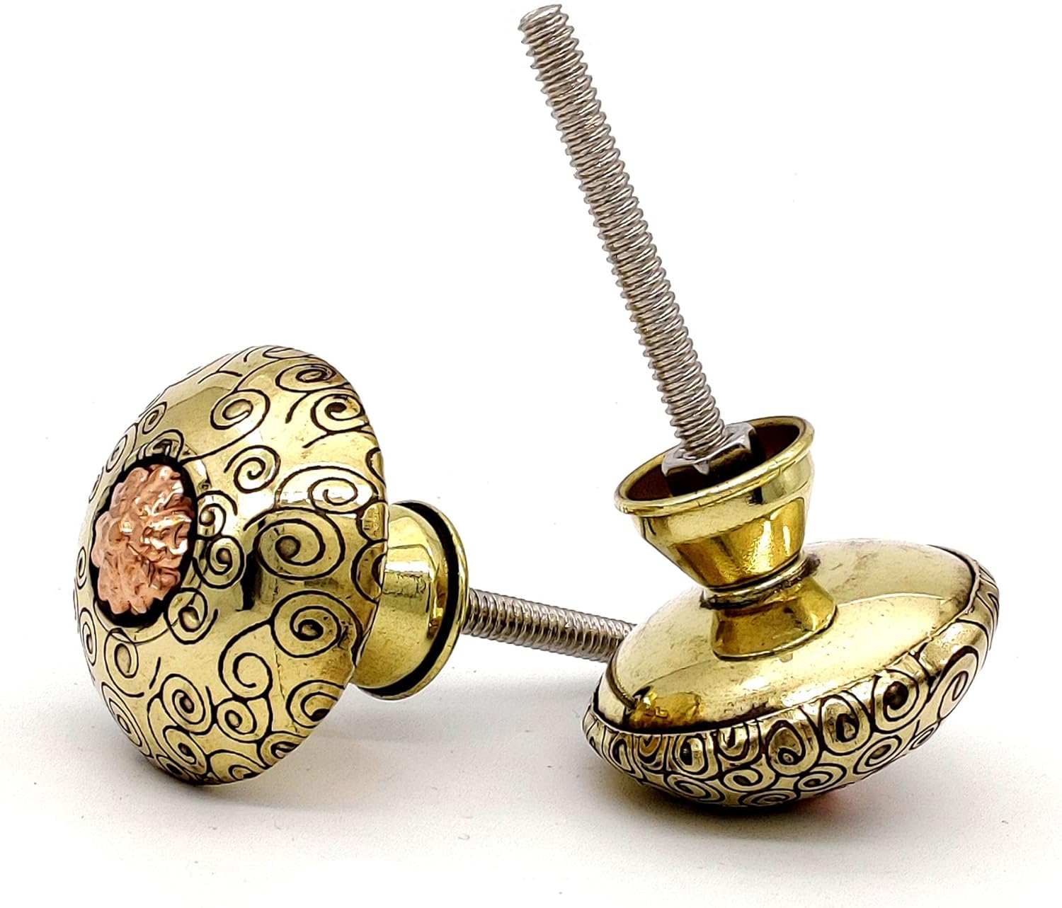 Set of 4 Brass and Copper Door Knobs - Handmade Engraved Drawer Pulls for Cabinets and Cupboards