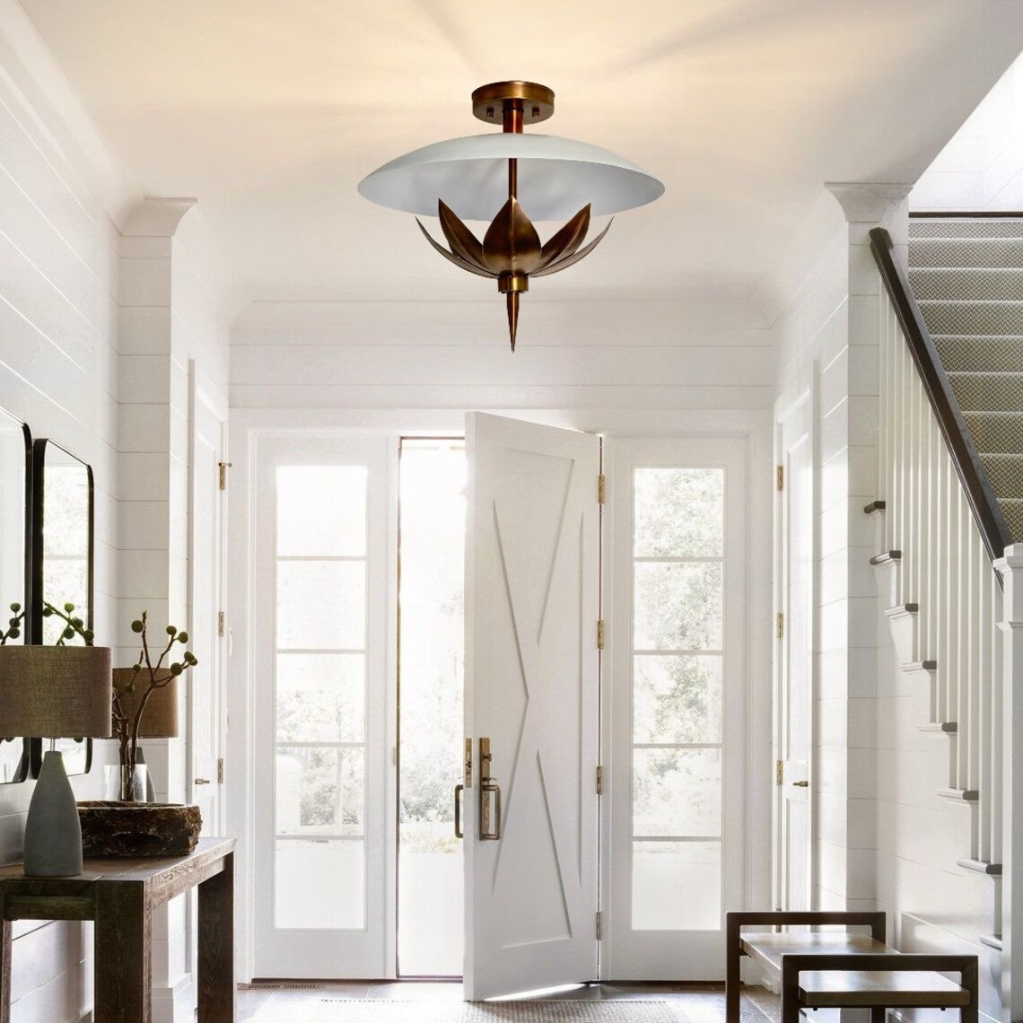 Handmade Brass Flower Flush Mount Light - Antique White Finish - Image 4
