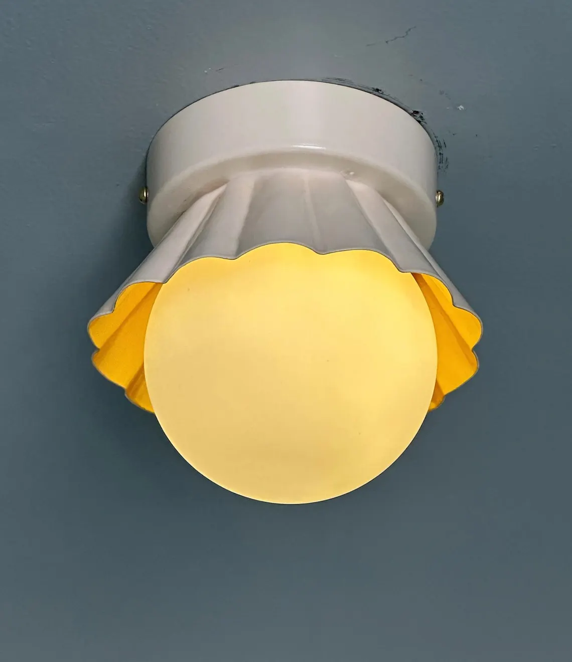 Handmade Milk Glass Flush Mount Lamp: Brushed Brass Vintage Style - Image 5
