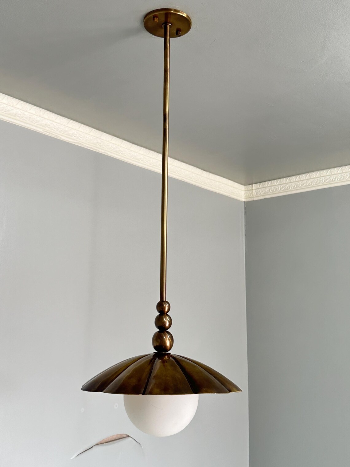 Elegance Handcrafted Brass Pendant Light: Vintage Milk Glass Dome Shade - Image 3
