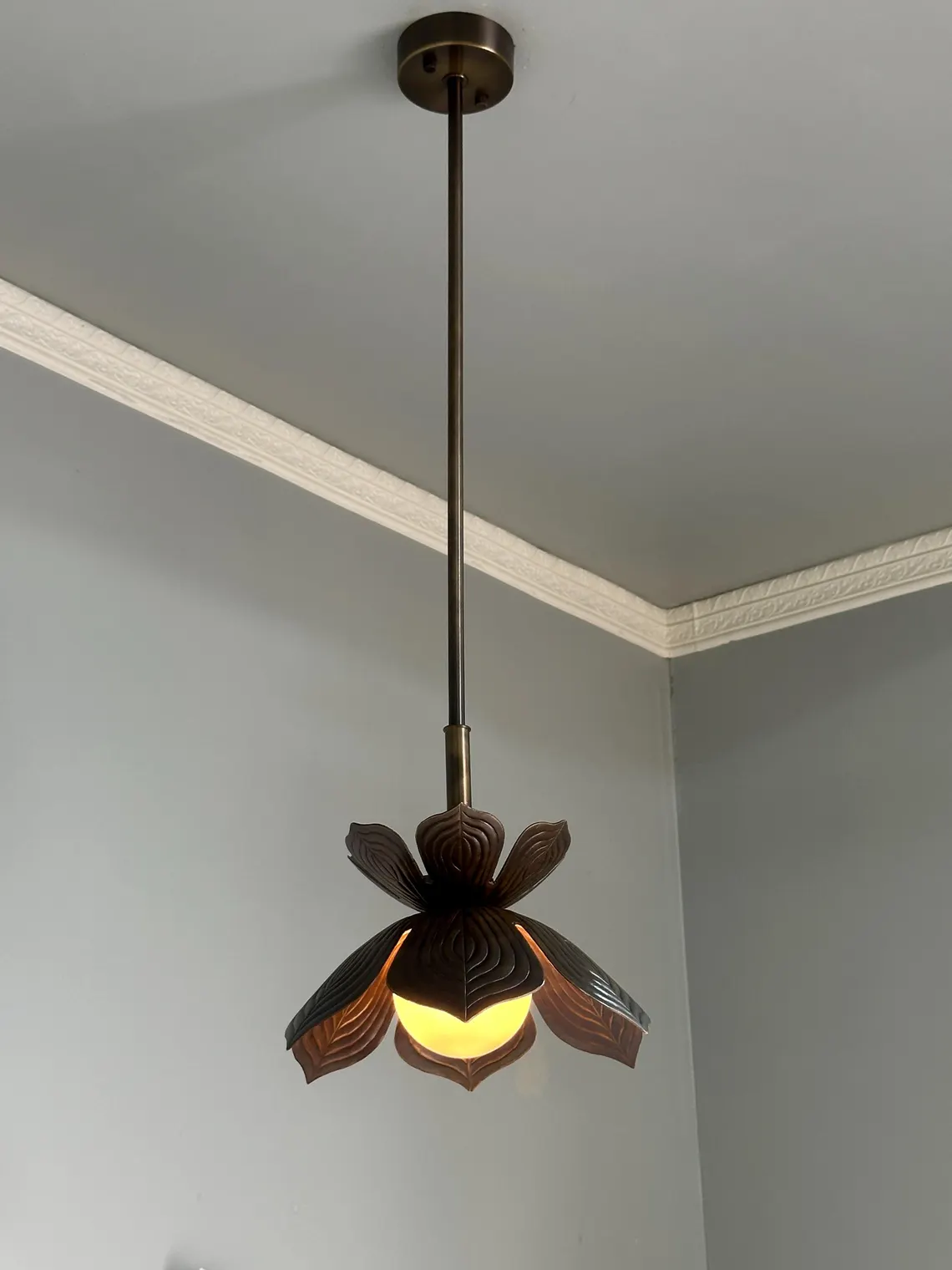 Handmade Brass Flower Pendant Light - Botanical Ceiling Fixture with Frosted Globe - Image 3