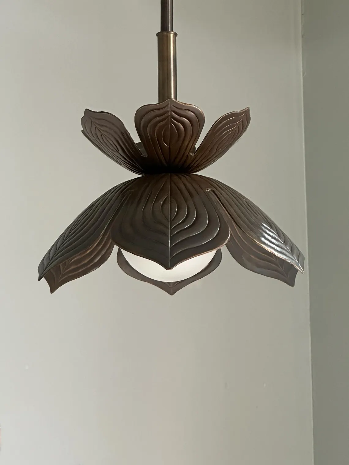 Handmade Brass Flower Pendant Light - Botanical Ceiling Fixture with Frosted Globe - Image 4