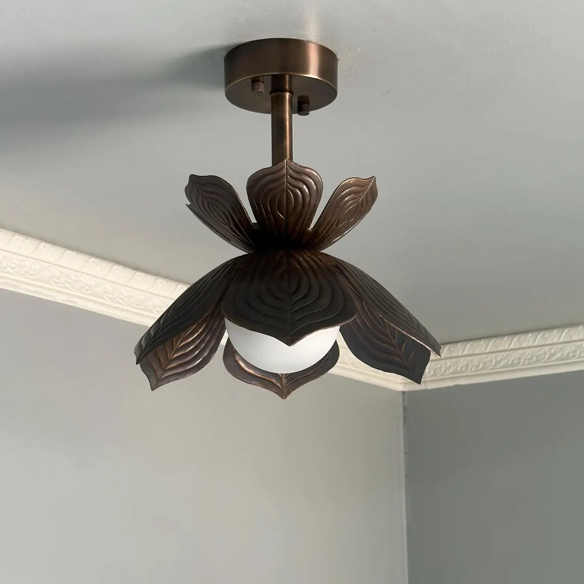 Floral Brass Ceiling Light - Flush Mount Fixture with Frosted Globe